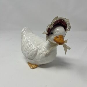 Vintage Ceramic Goose Figurine with Lace Bonnet | Farmhouse Decor